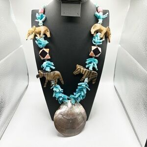 Artisan Handmade Safari Wood Carved Animals & Genuine Blue Shell Necklace 29"